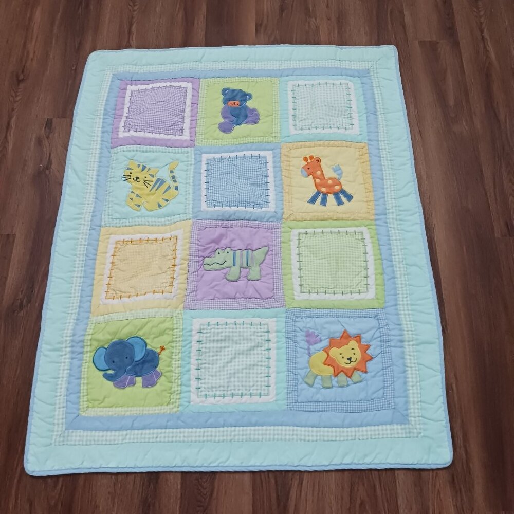 Tiddliwinks Baby Toddler Quilt Patchwork Blanket Animals Blue Yellow 35" ×‎ 44"